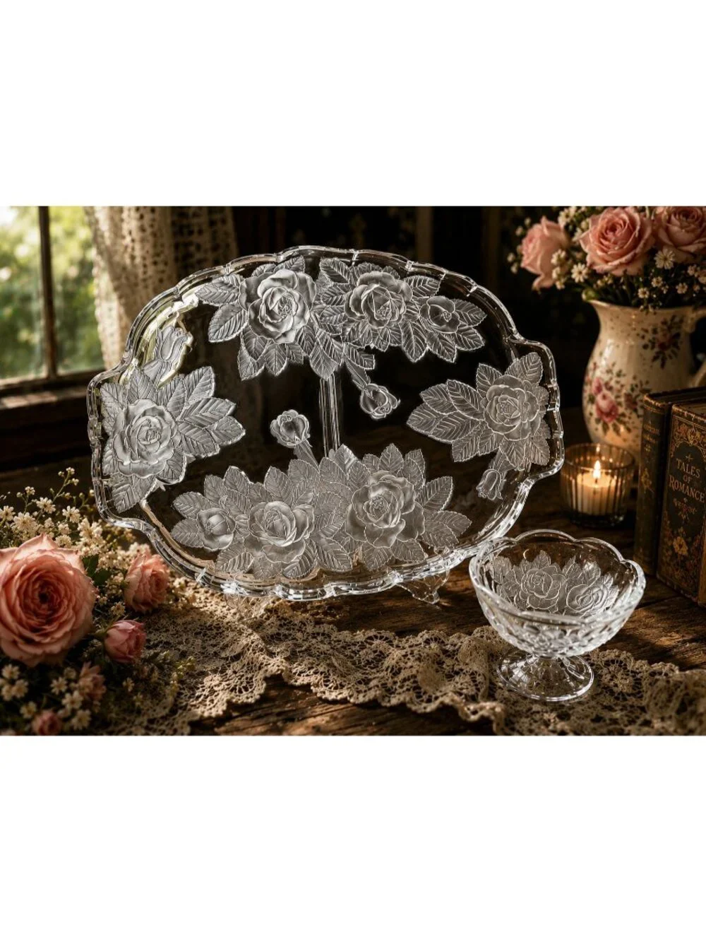 Vintage Mikasa Raised Rose Glass Platter Frosted Floral Tray Footed Snack Bowl